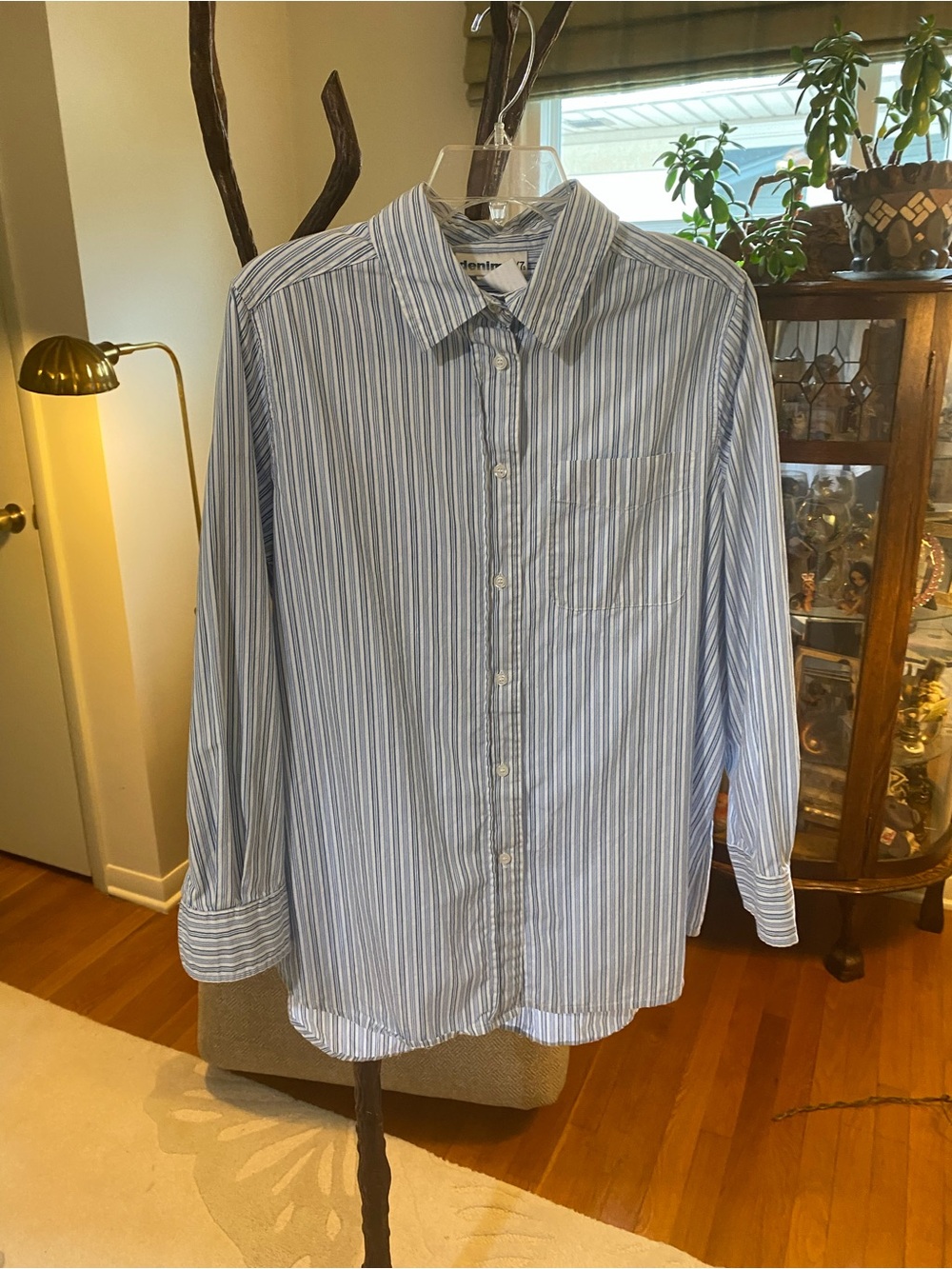 Women’s Blue and White Striped Button-Up Shirt 14W